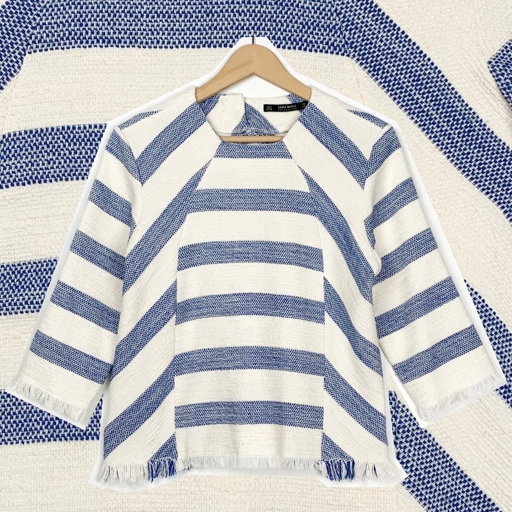 Zara blue striped tweed fringe top, size M